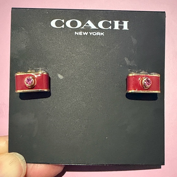 Coach Pink and Gold Stud Camara Earrings - Picture 4 of 5